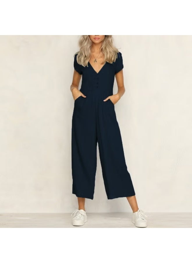 Barbora Linen Daily Summer V-Neck Short Leg Design Women's Jumpsuit LN1010LACIVERT9 - Image 1